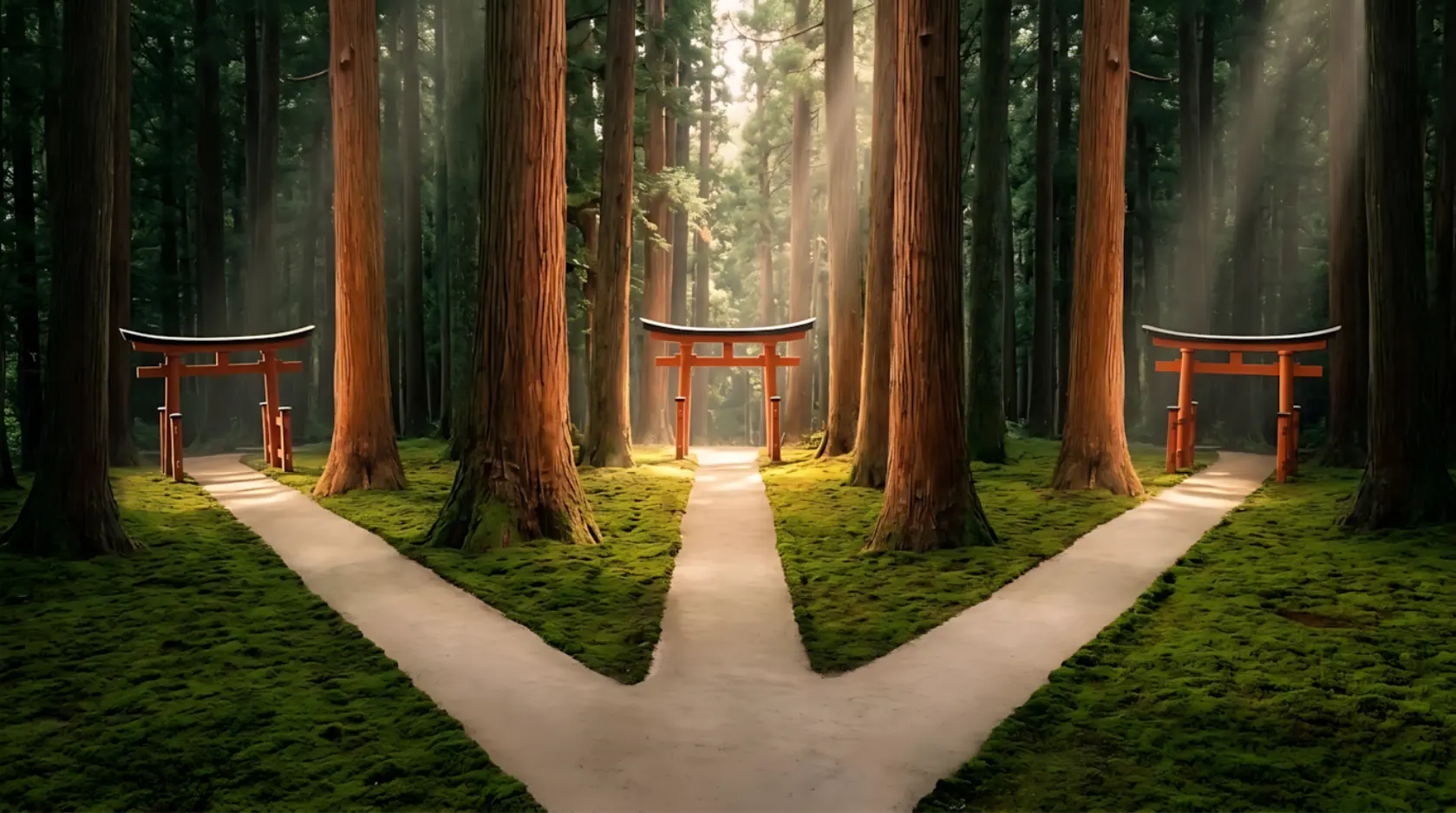 Un camino claro se divide en tres dentro de un bosque de cedros con suelo de musgo. Cada ruta lleva a una puerta torii bermellón, y la luz entra entre los troncos.