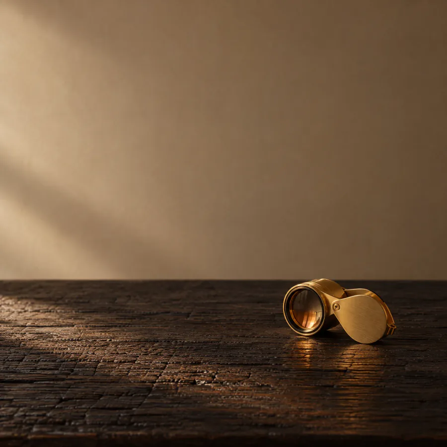 Una lupa de joyero dorada, abierta, sobre una mesa de madera oscura y carbonizada. Una franja de sol ilumina el muro claro.